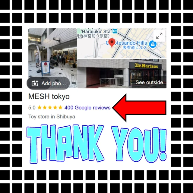 MESH.tokyo has received our 400th five-star review on Google! ⭐⭐⭐⭐⭐ A huge thank-you to all our customers who have supported us over the years.

It's amazing to read so many kind and generous comments, and we truly feel honored. We'll keep doing our absolute best to earn your continued support.

See you at MESH! 🤠
.
.
#けん玉 #kendama
#HarajukuKendamaClub #原宿けん玉クラブ #HarajukuKC
#KendamaCowboy #けん玉カウボーイ #KendamaTokyo #けん玉東京
#MESHtokyo #メッシュ東京 #けん玉専門店
#KendamaShop #けん玉ショップ